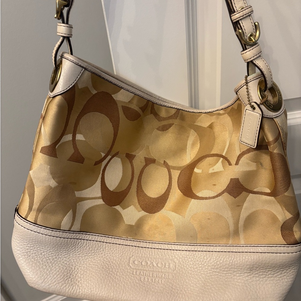 Coach Tan and Cream Shoulder Bag with Signature Monogram